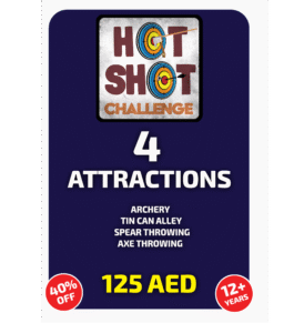 Hot Shot Challenge Hotshot Challenge package at Hatta Outdoor – archery, axe throwing, spear throwing, and tin can alley for ages 16+.
