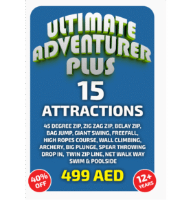 Ultimate adventurer plus Culture Adventurer Plus package at Hatta Outdoor – twin zipline, wall climbing, archery, high ropes, giant swing, net walk, swimming and more.