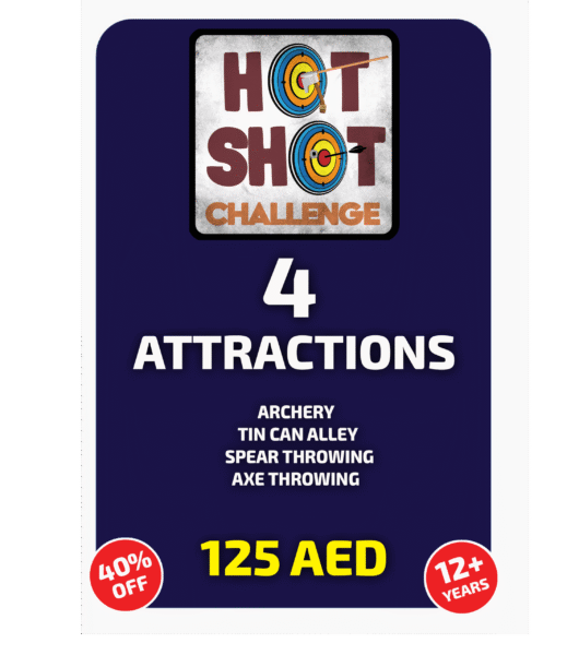 Hotshot Challenge package at Hatta Outdoor – archery, axe throwing, spear throwing, and tin can alley for ages 16+.