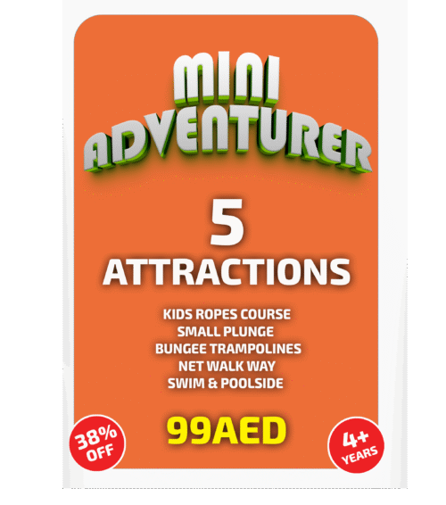 Mini Adventurer package at Hatta Outdoor – ropes course, small plunge, bungee trampoline, net walk, and swimming for kids aged 4–6.